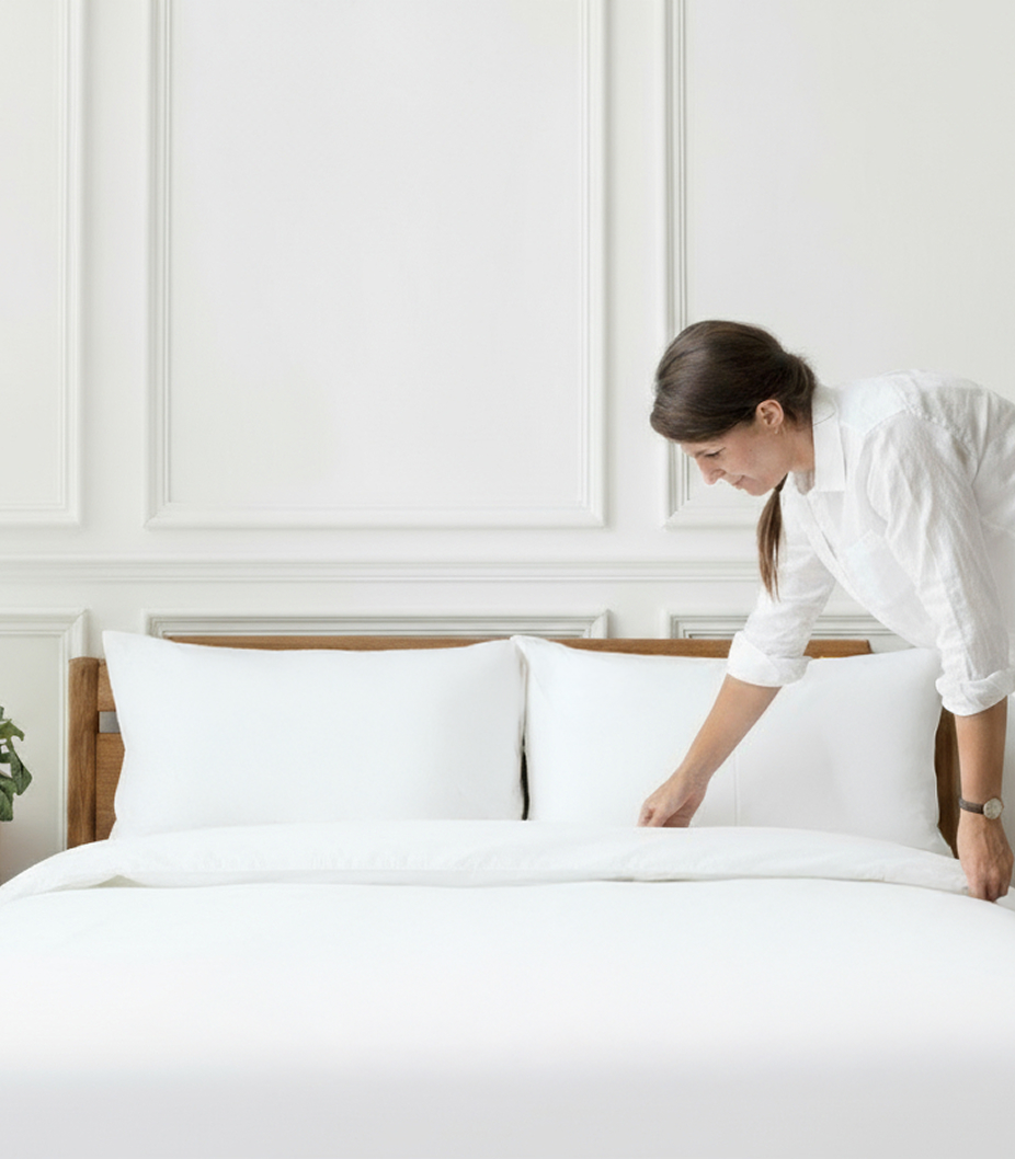 Cleaning staff member making a neatly arranged bed