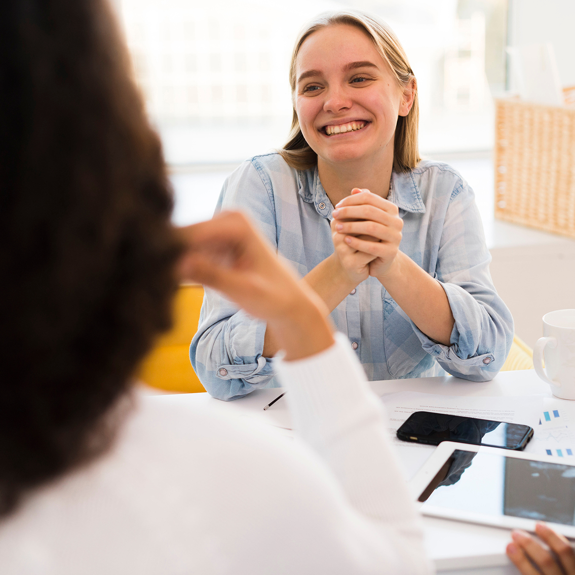 Cleaning professional smiling during consultation with client