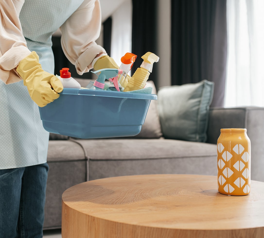 Cleaning supplies on a tray in a modern living room
