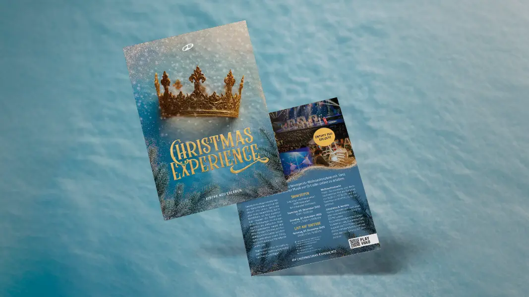 „Christmas Experience“-Flyer, das die Weihnachtsfeier im ICF Zürich bewirbt.