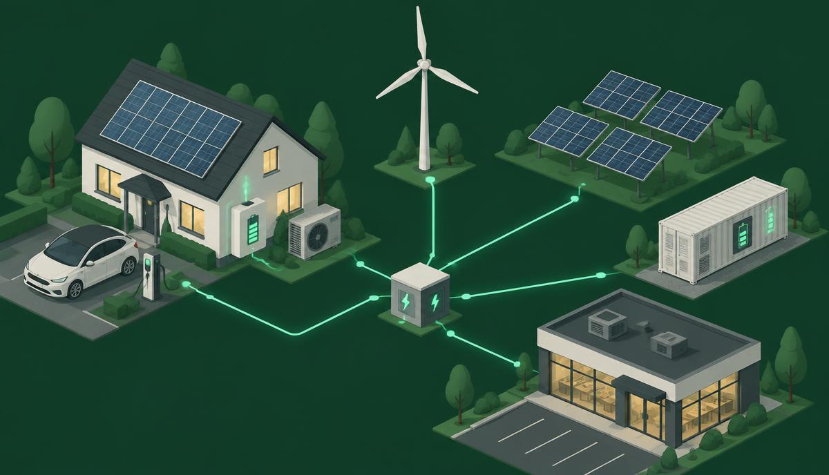 A neighbourhood with rooftop solar, a home battery, an electric car charging, a wind turbine, a heat pump, a solar field, a container battery and a small commercial building, all linked to one shared connection point