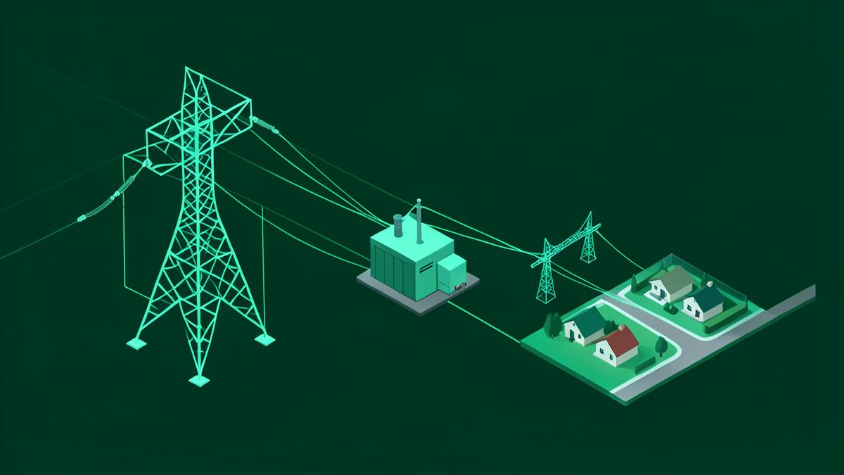 Transmission pylons feeding a substation and a residential street