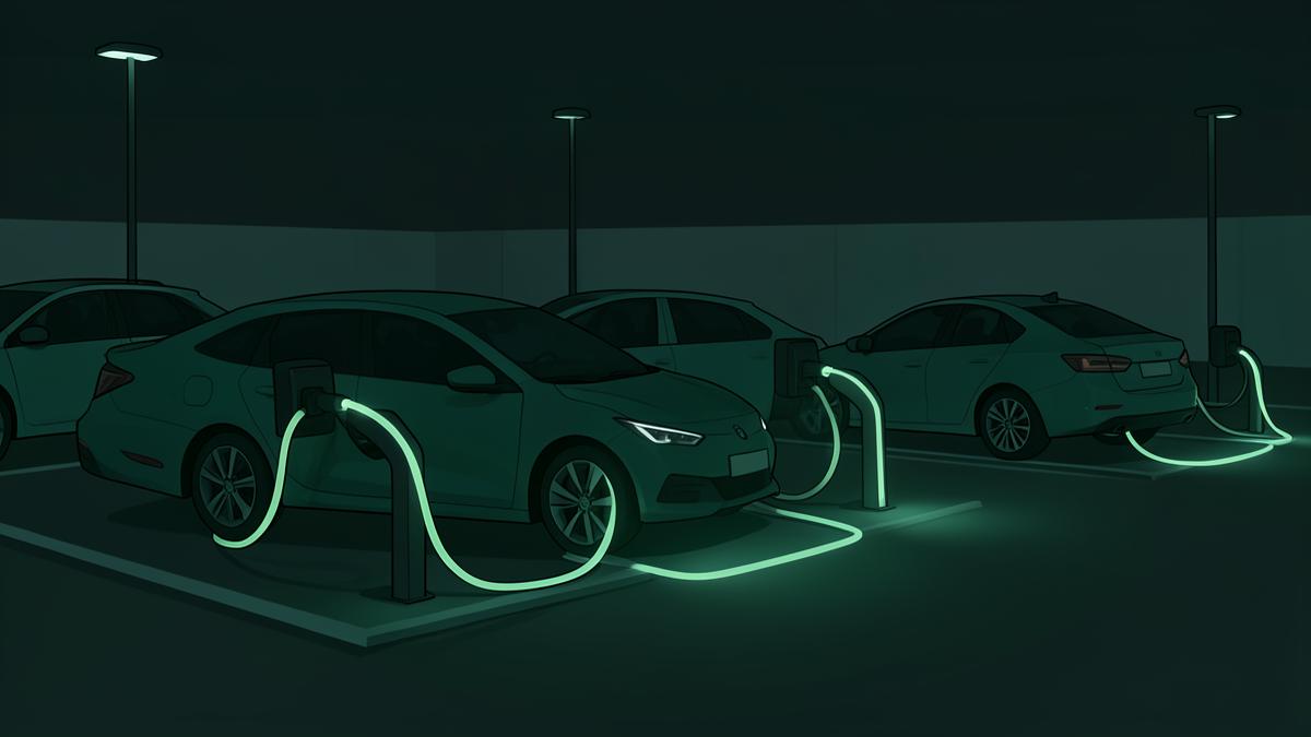 Several electric cars charging side by side at night