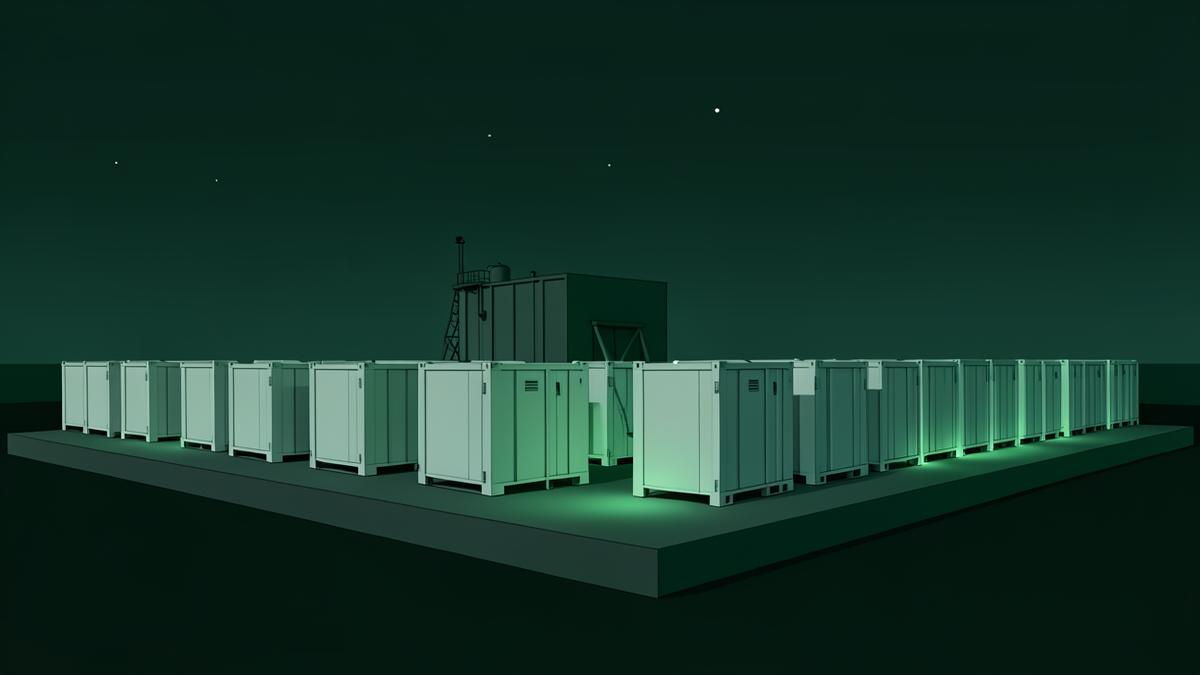 Rows of container battery units at a storage site beside a substation