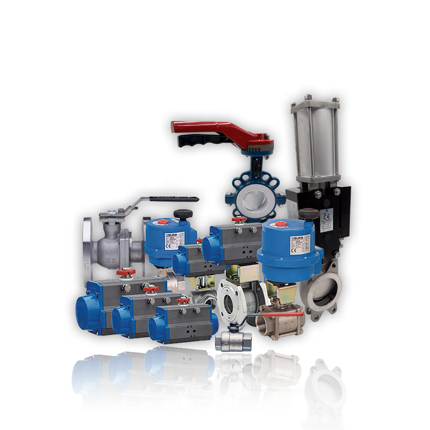 Various industrial metal valves in blue and silver colors on reflective surface.