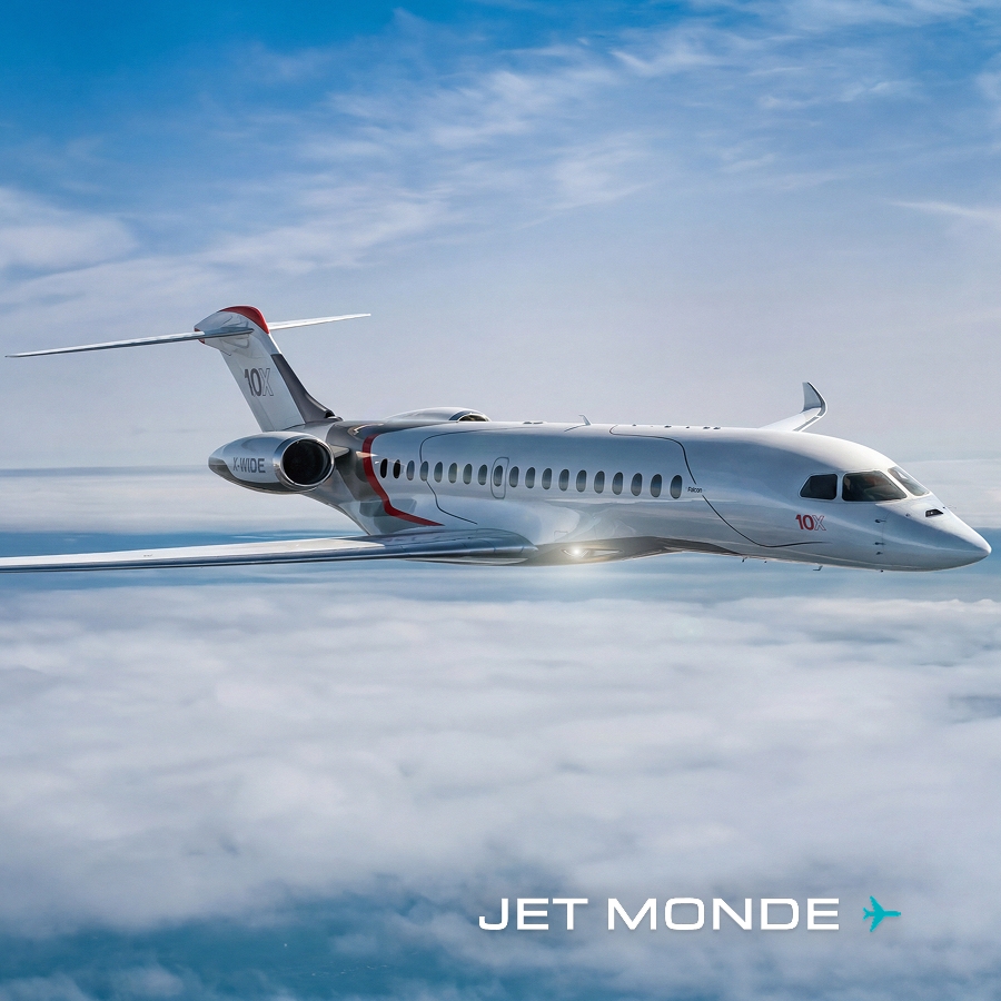 Jet d'affaires Dassault Falcon 10X en vol au-dessus des nuages pour l'article de présentation.