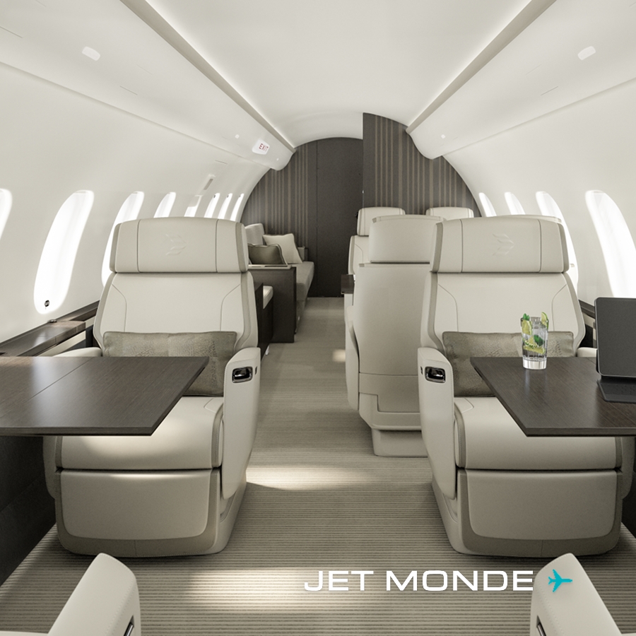 Aménagement intérieur haut de gamme et espace de vie spacieux à bord du jet d'affaires Bombardier Global 5500.