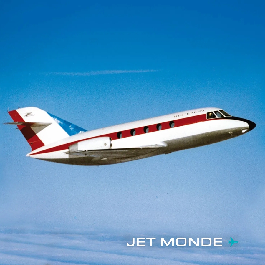 Avion d'affaires historique en vol illustrant les 50 ans d'évolution et de transformation de l'aviation d'affaires.