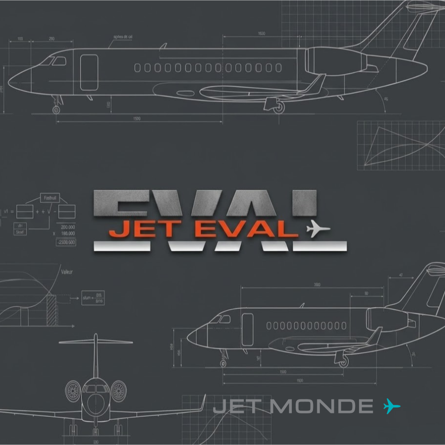 Plan technique filigrané d'un avion d'affaires sur fond gris anthracite avec le logo Jet Eval.