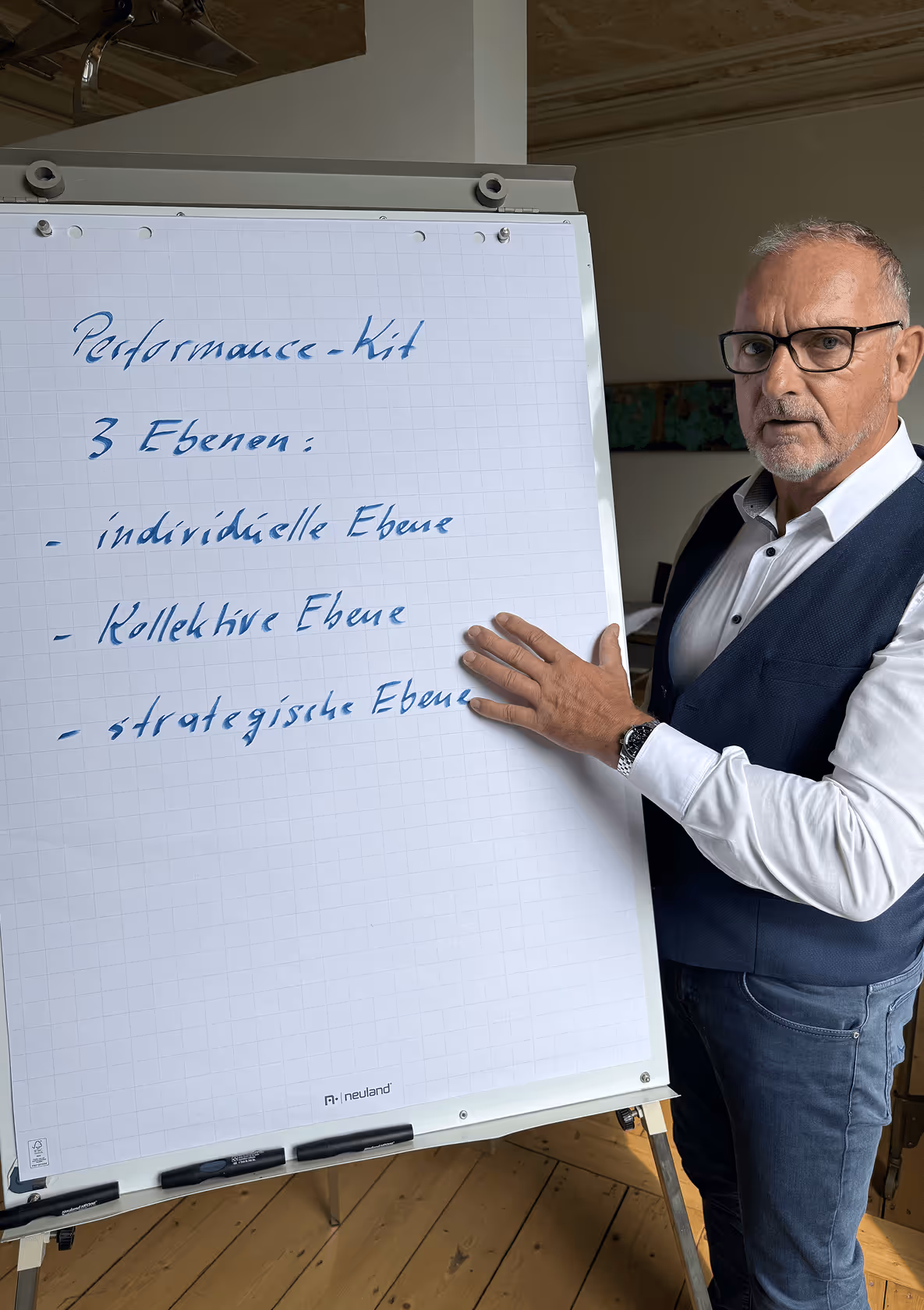 Mann erklärt Punkte auf Flipchart im Seminarraum