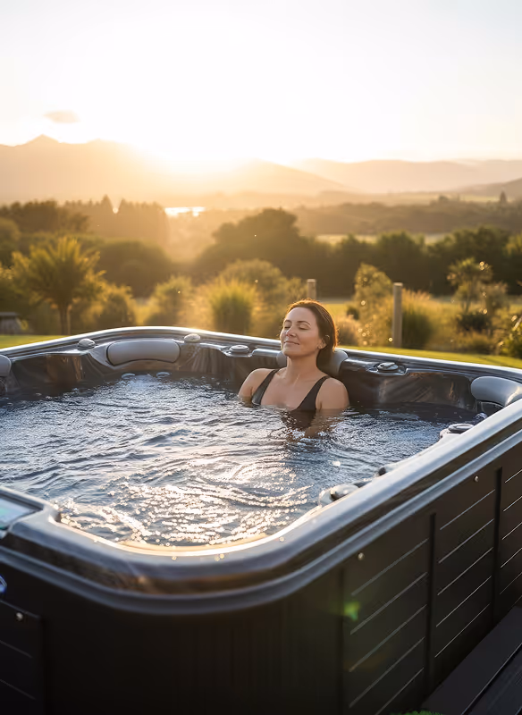 Woman relaxing in an outdoor hot tub with a scenic sunset and green hills in the background.