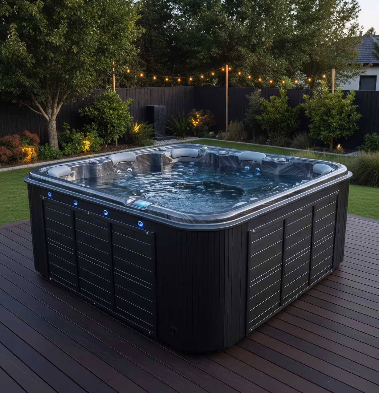 Modern outdoor hot tub with water jets on a wooden deck in a backyard at dusk, surrounded by trees and string lights.