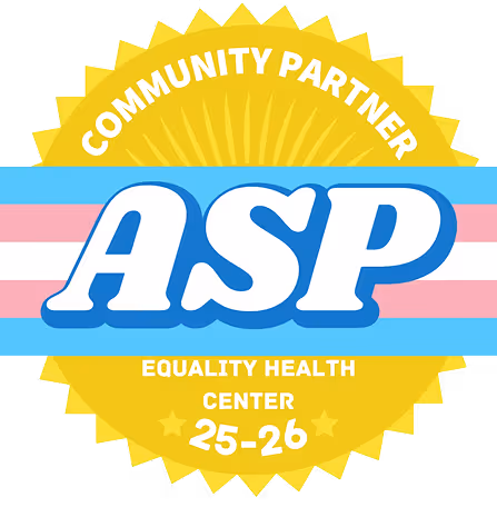Yellow badge with text 'COMMUNITY PARTNER' at top, large 'ASP' over blue, pink, and white striped background, and 'EQUALITY HEALTH CENTER 25-26' at bottom.