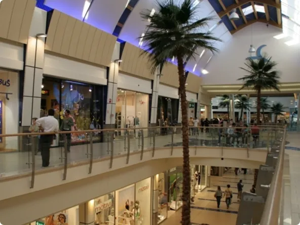 Interno di un centro commerciale con passaggi su due livelli, palme decorative e persone che camminano e fanno shopping.