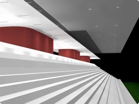 Scale larghe bianche con soffitto moderno e colonne rosse in un ambiente interno minimalista.