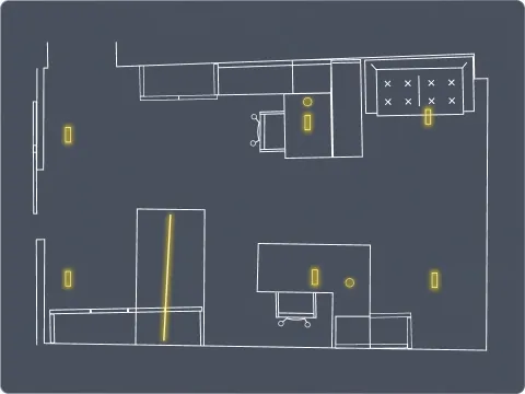 Pianta stilizzata di un ufficio con due postazioni di lavoro, cucina e divano, evidenziata con luci gialle.