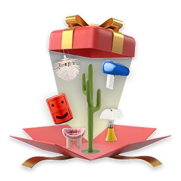 Un regalo rosso con fiocco dorato aperto da cui escono una pianta di cactus e cinque lampade colorate di design.