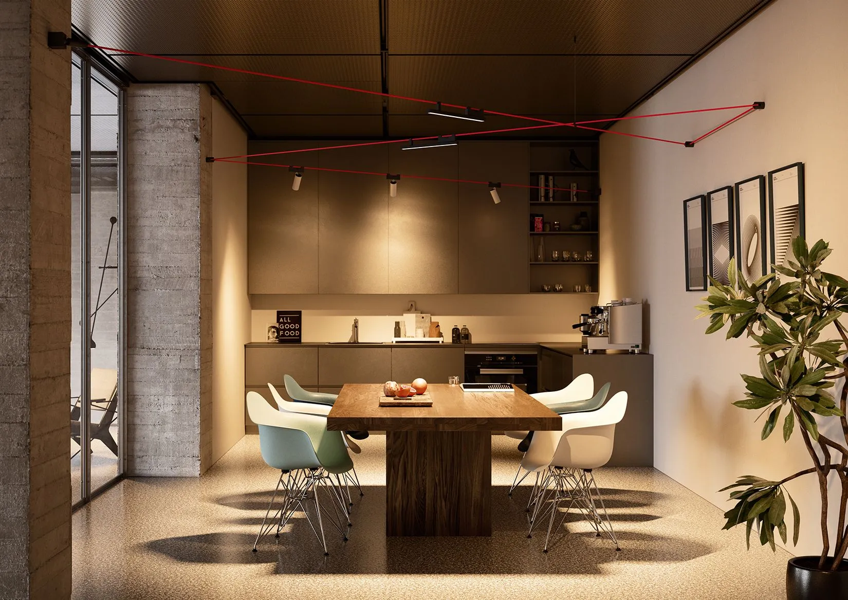 Sala da pranzo moderna con tavolo in legno, sei sedie bianche e celesti, illuminazione a sospensione rossa e cucina grigia sullo sfondo.