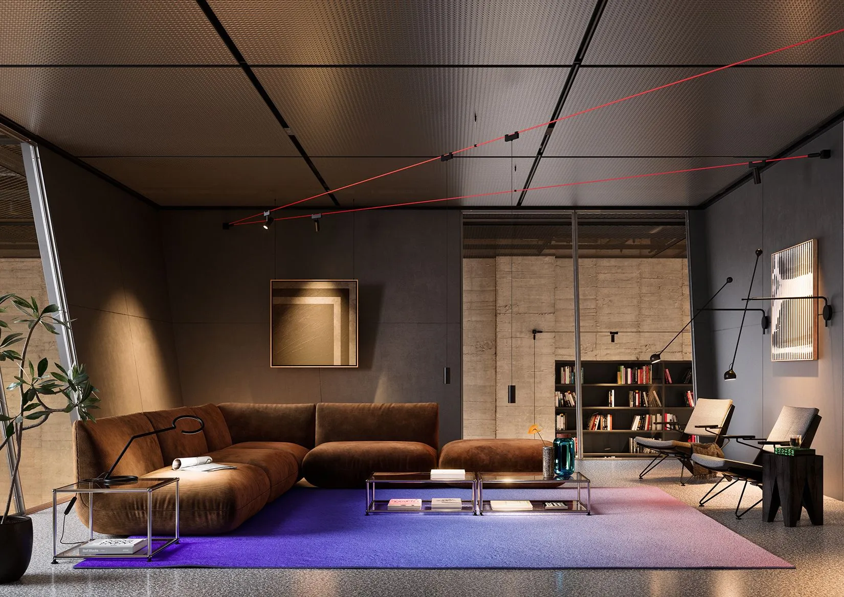 Soggiorno moderno con divano angolare marrone, poltrone grigie, tappeto sfumato viola e rosa e parete con libreria.