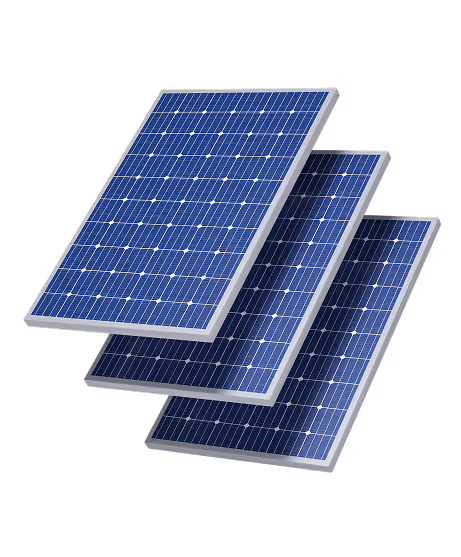 Trois panneaux solaires bleus inclinés empilés sur fond transparent.