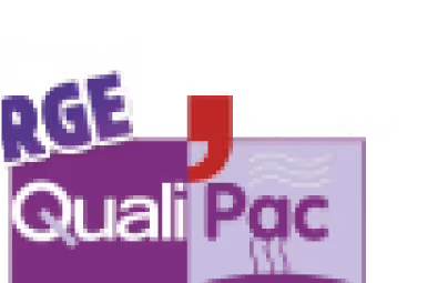 Logo Quali Pac avec un design en violet et rouge représentant la qualité des pompes à chaleur.