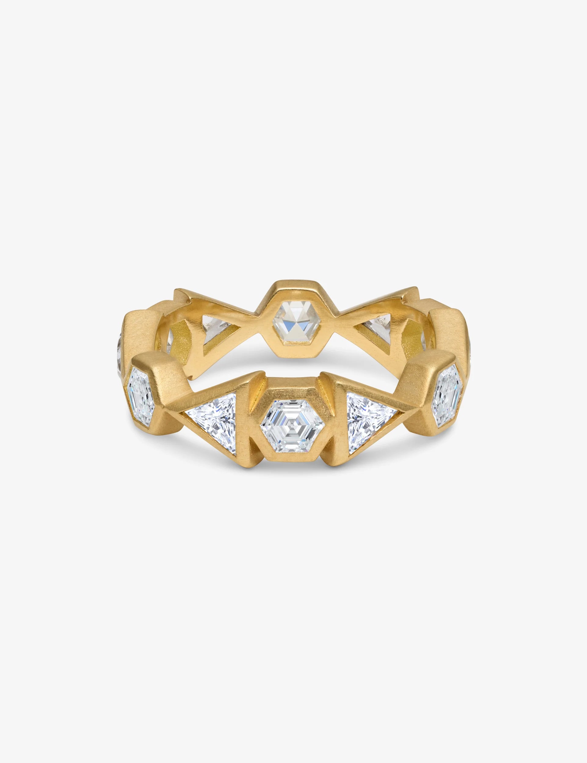 18k yellow gold diamond crown ring with hexagonal and triangular stone settings.