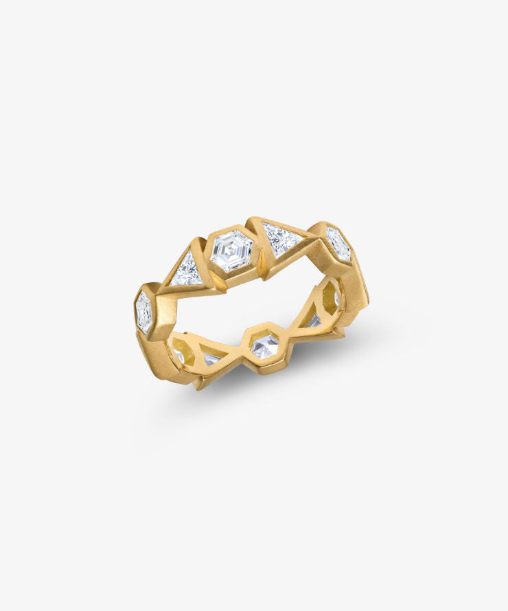 Geometric yellow gold diamond crown ring with hexagon and triangle settings.