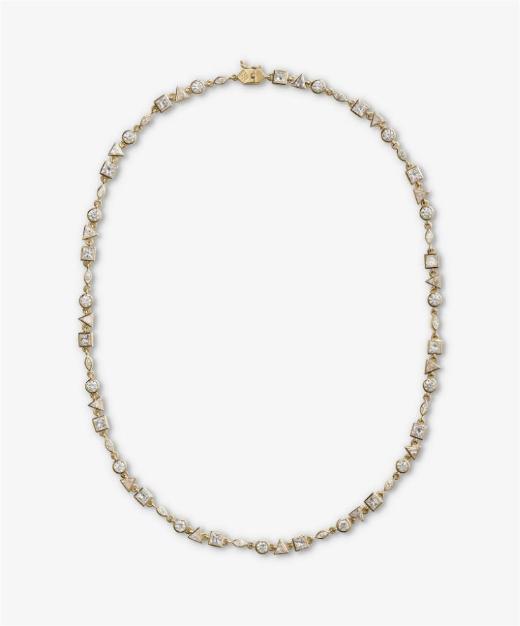 18k yellow gold tennis necklace featuring alternating round, square, marquise, and triangle-cut diamonds on grey background.
