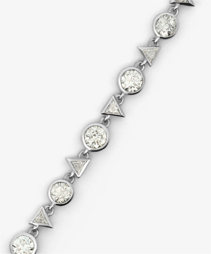 Platinum diamond tennis bracelet displayed on white background.
