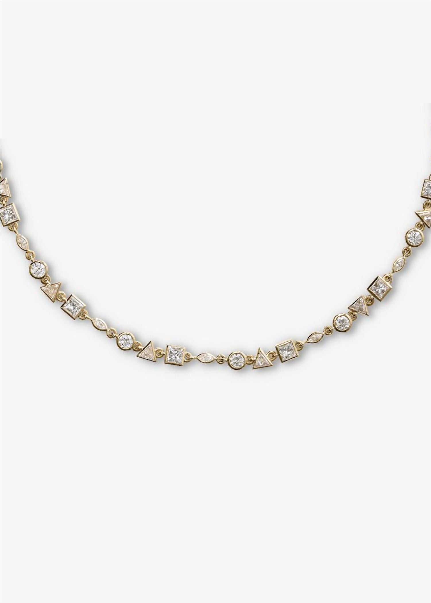 18k yellow gold tennis necklace featuring alternating round, square, marquise, and triangle-cut diamonds on grey background.