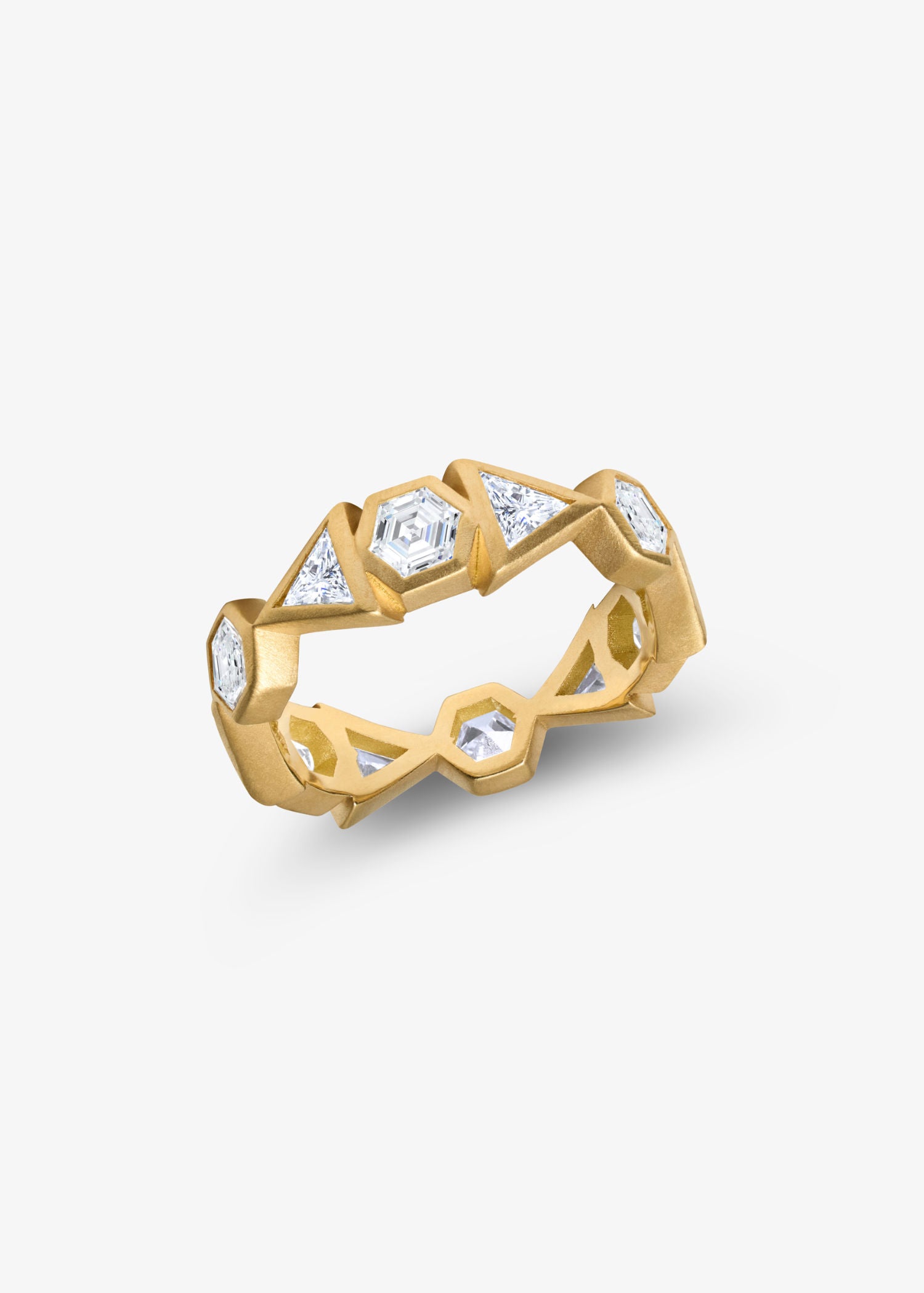 Geometric yellow gold diamond crown ring with hexagon and triangle settings.