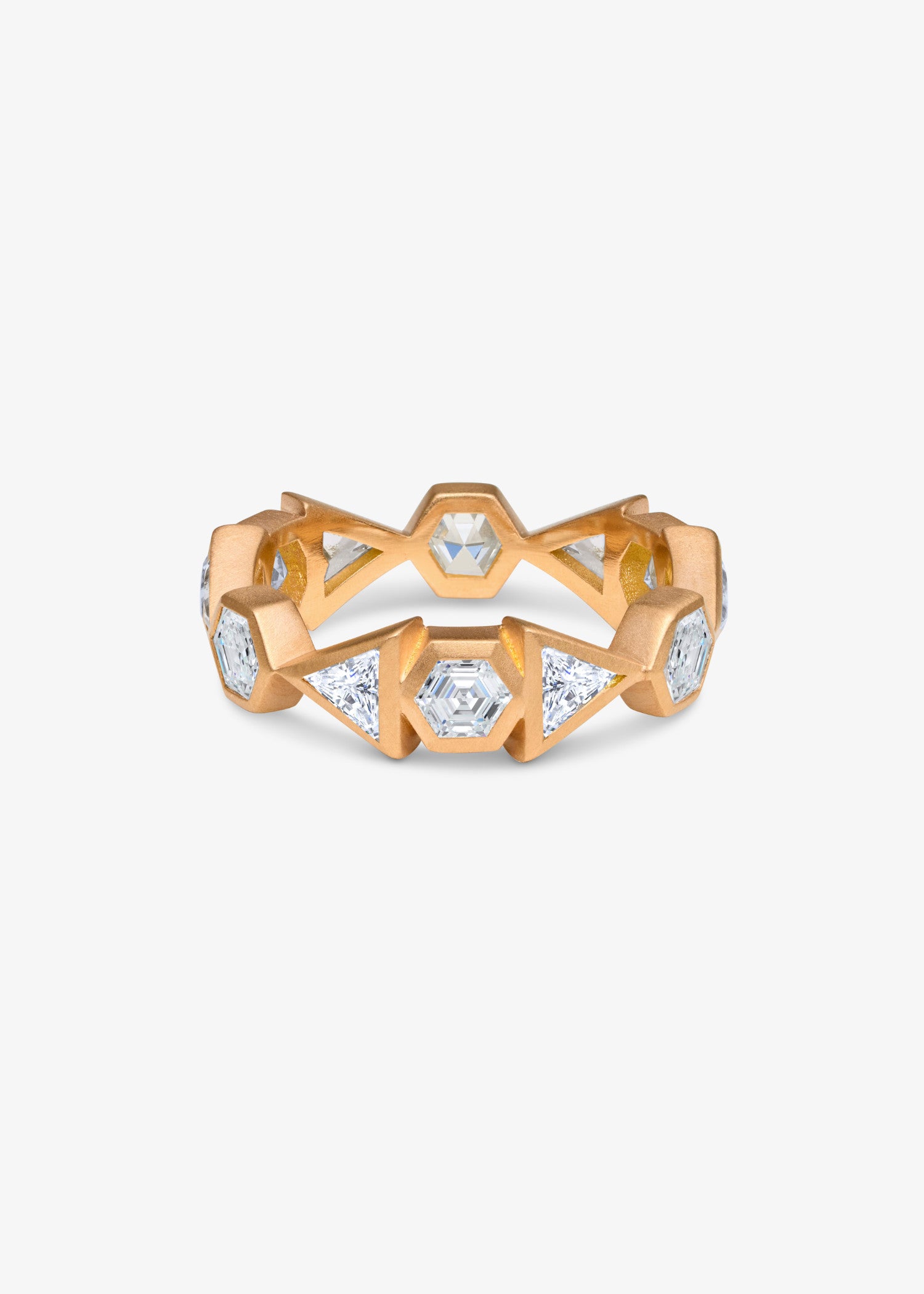 Geometric rose gold diamond crown ring with hexagon and triangle settings.