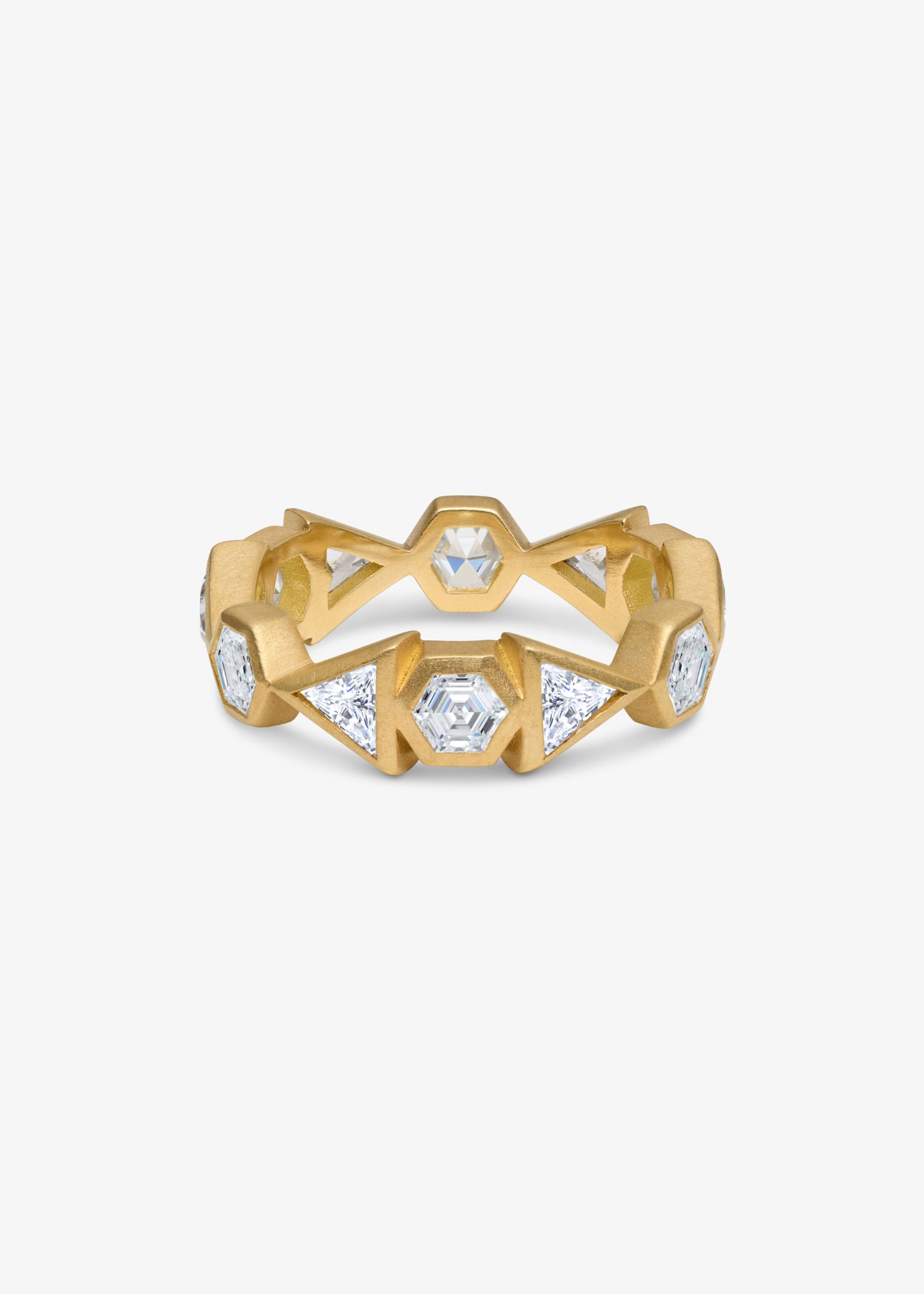 18k yellow gold diamond crown ring with hexagonal and triangular stone settings.