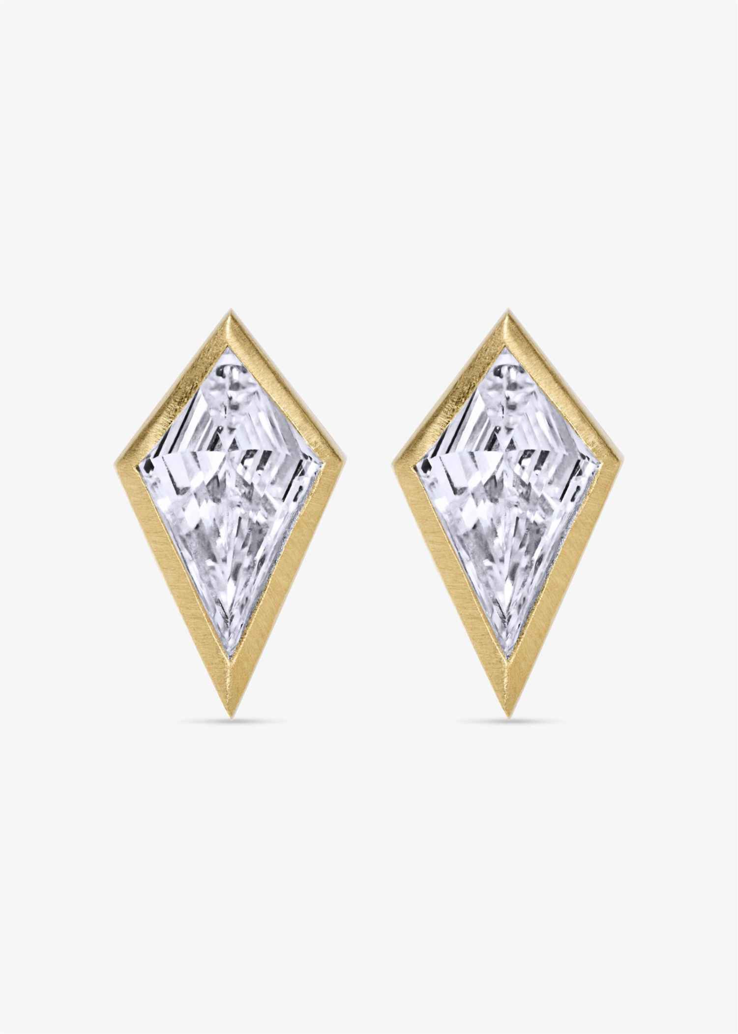 Diamond-shaped earrings with gold frames on a white background.