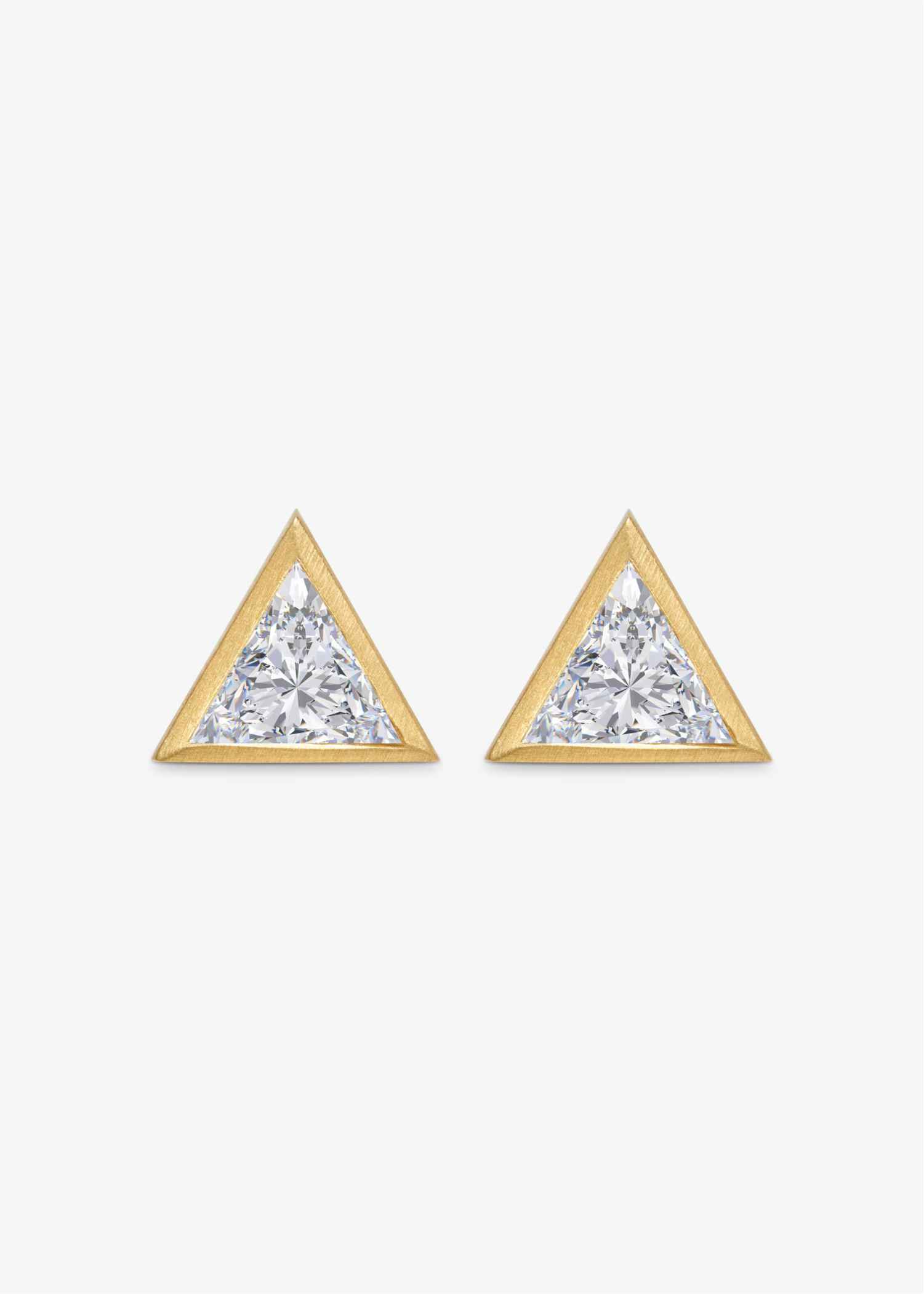 Pair of triangle-shaped earrings with clear gemstones on a light gray background.