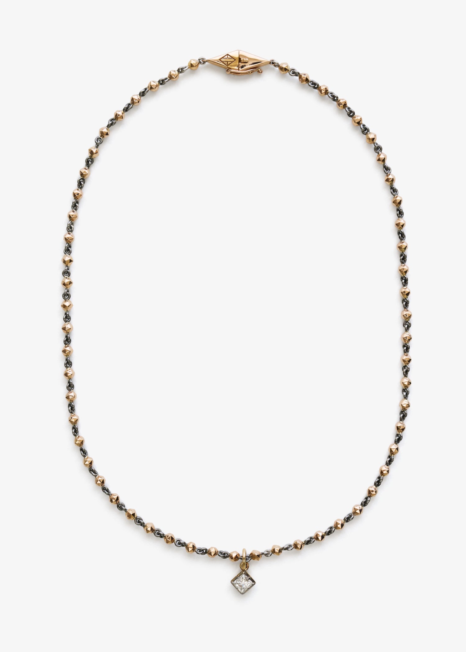 18k rose gold bead necklace featuring a small square diamond pendant, displayed on a white background