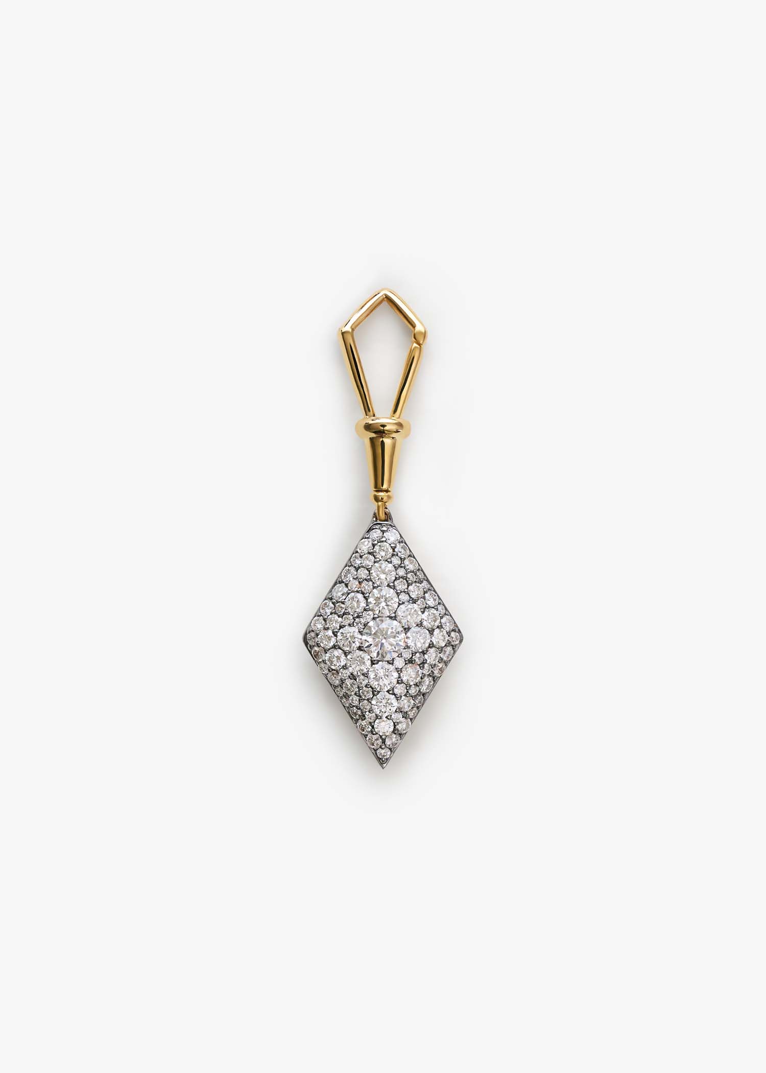Gold pendant with a diamond-shaped charm encrusted with round white diamonds, displayed on a white background.