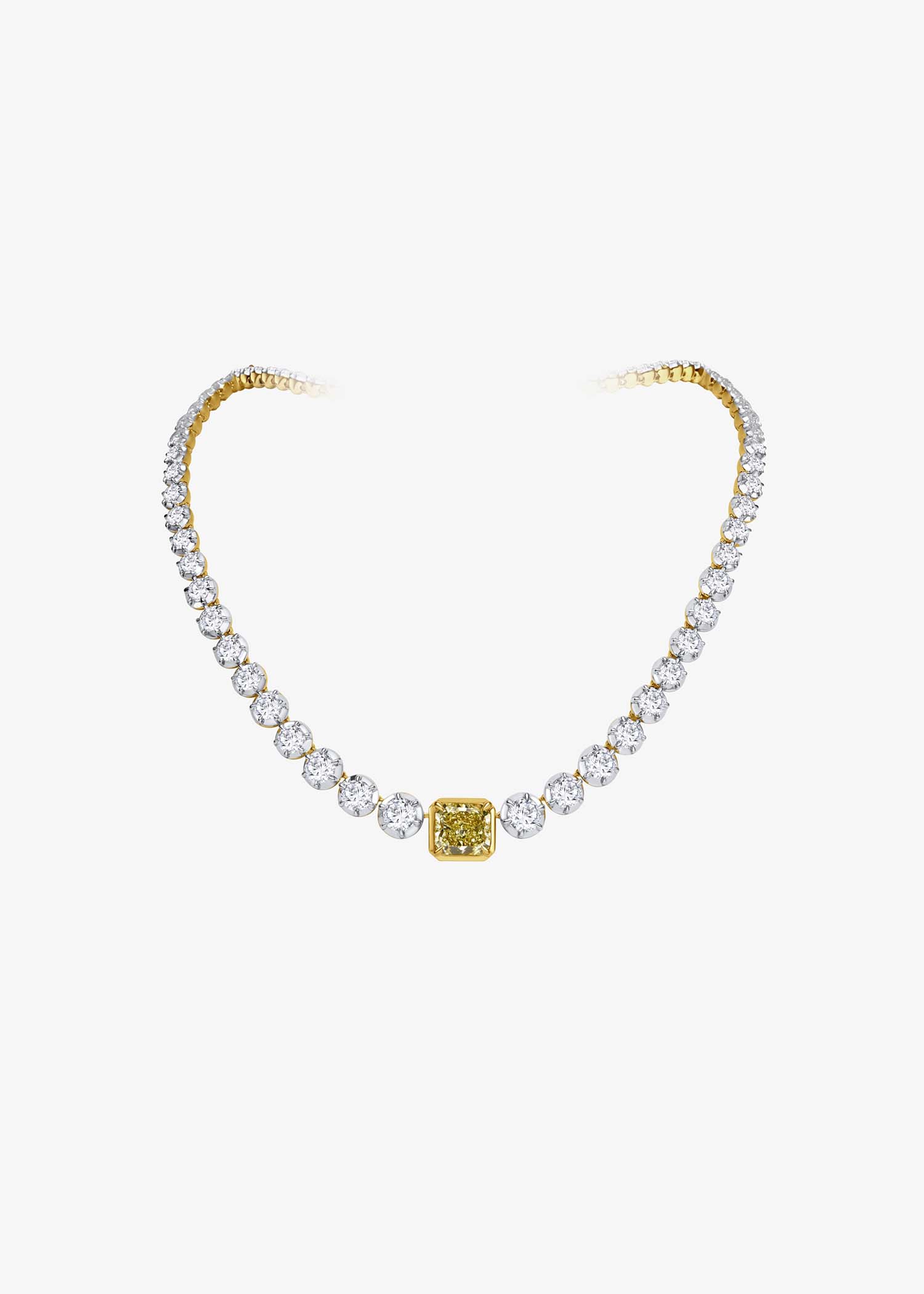 Full view of a gold diamond necklace with a yellow diamond centerpiece and white diamond setting displayed on a white background.