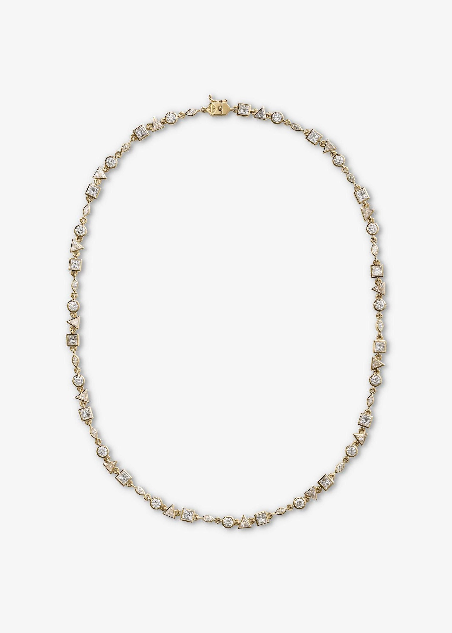 18k yellow gold tennis necklace featuring alternating round, square, marquise, and triangle-cut diamonds on grey background.