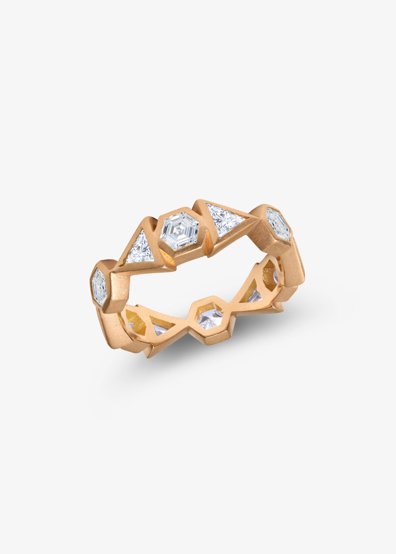 Geometric rose gold diamond crown ring with hexagon and triangle settings.