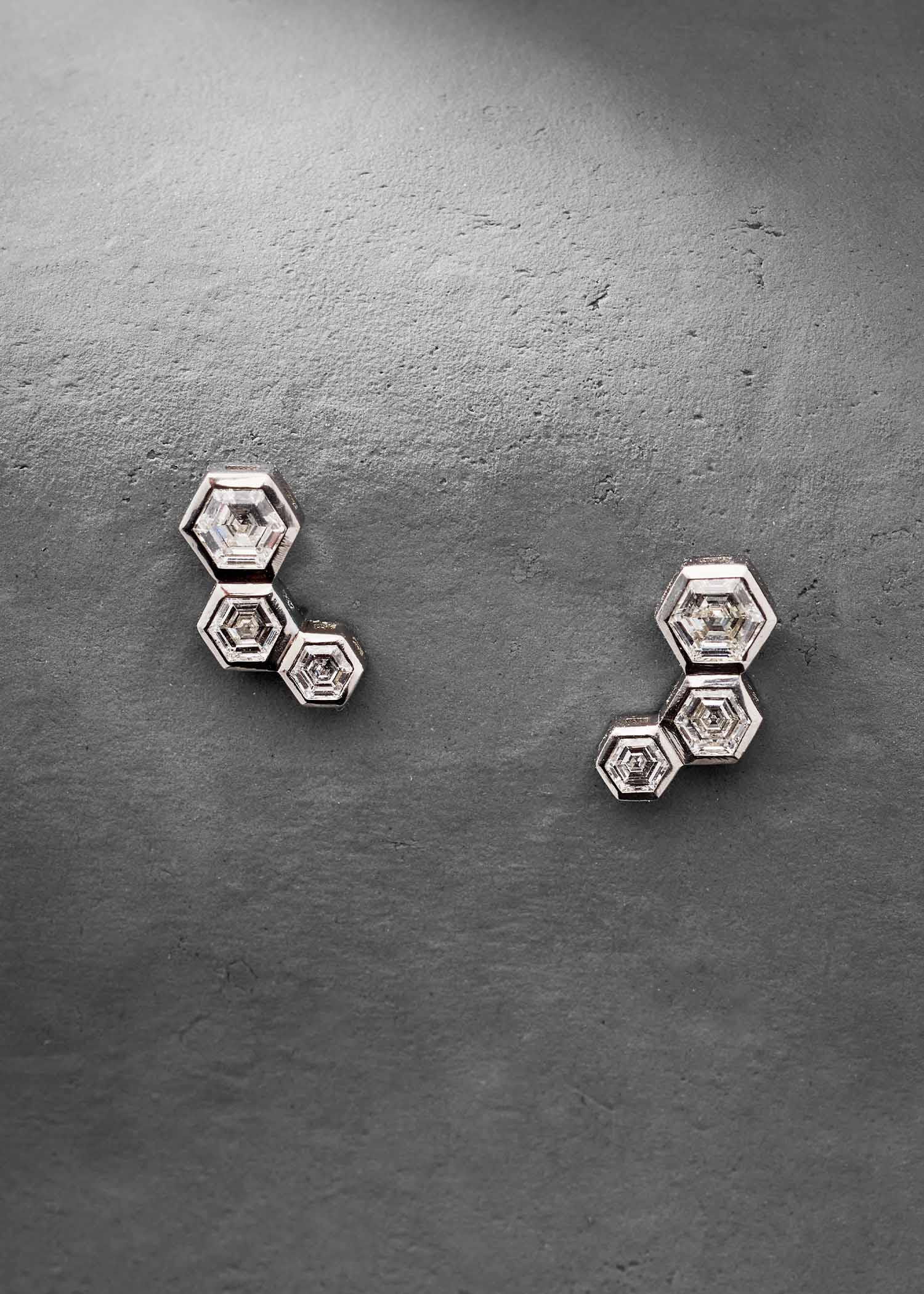 Pair of silver hexagonal earrings on a white background.