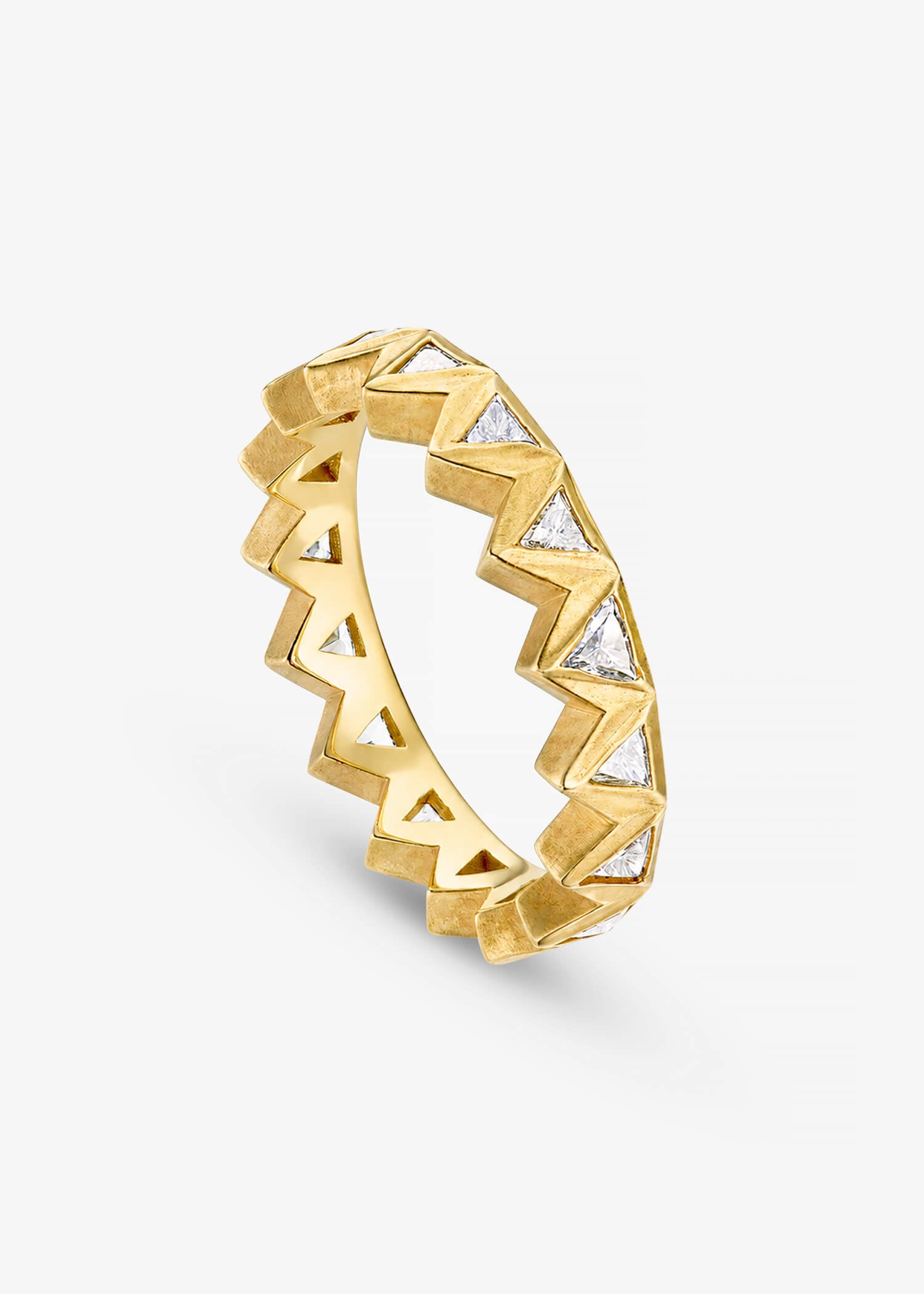 Gold and silver chevron patterned ring on a white background.