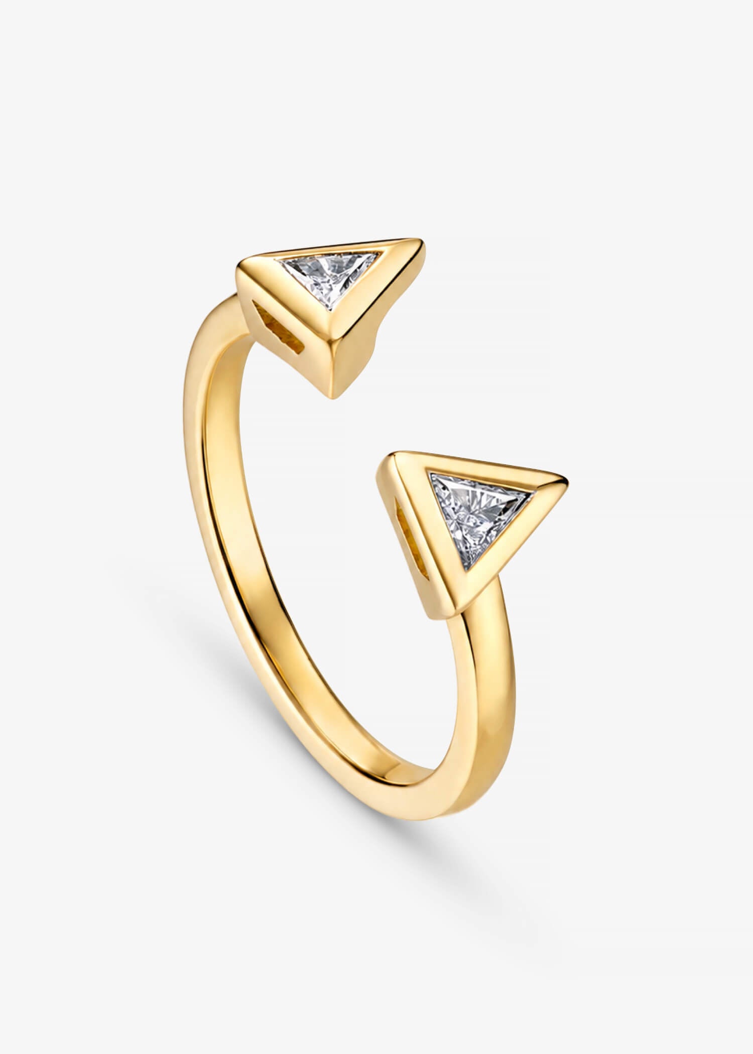 Yellow gold open ring with two triangular diamond settings facing each other.