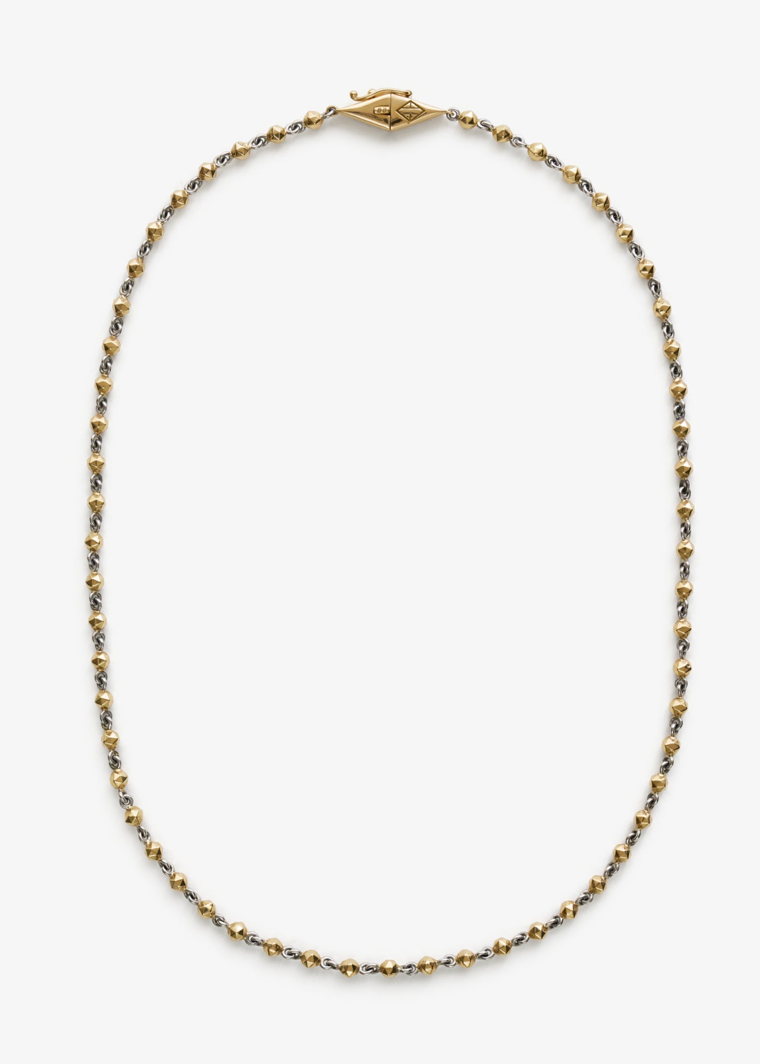 Necklace with gold and silver beads on a white background.