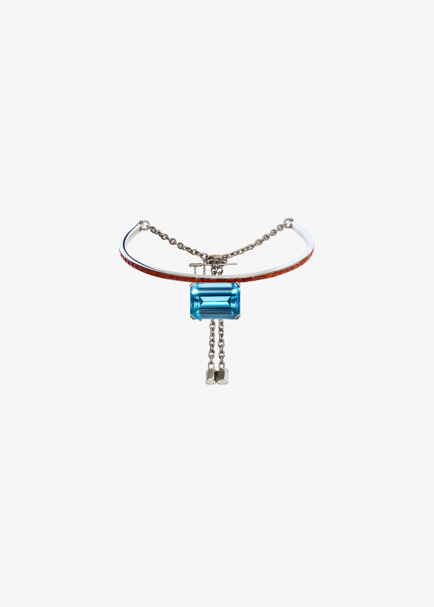 Thetis Collar featuring a sculptural blue gemstone centerpiece and elegant collar design.