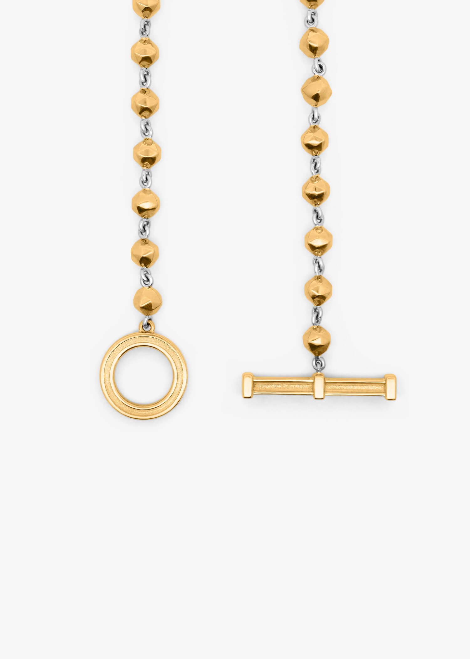 T Bar Bead bracelet in 18k yellow gold with a beaded chain and toggle clasp.
