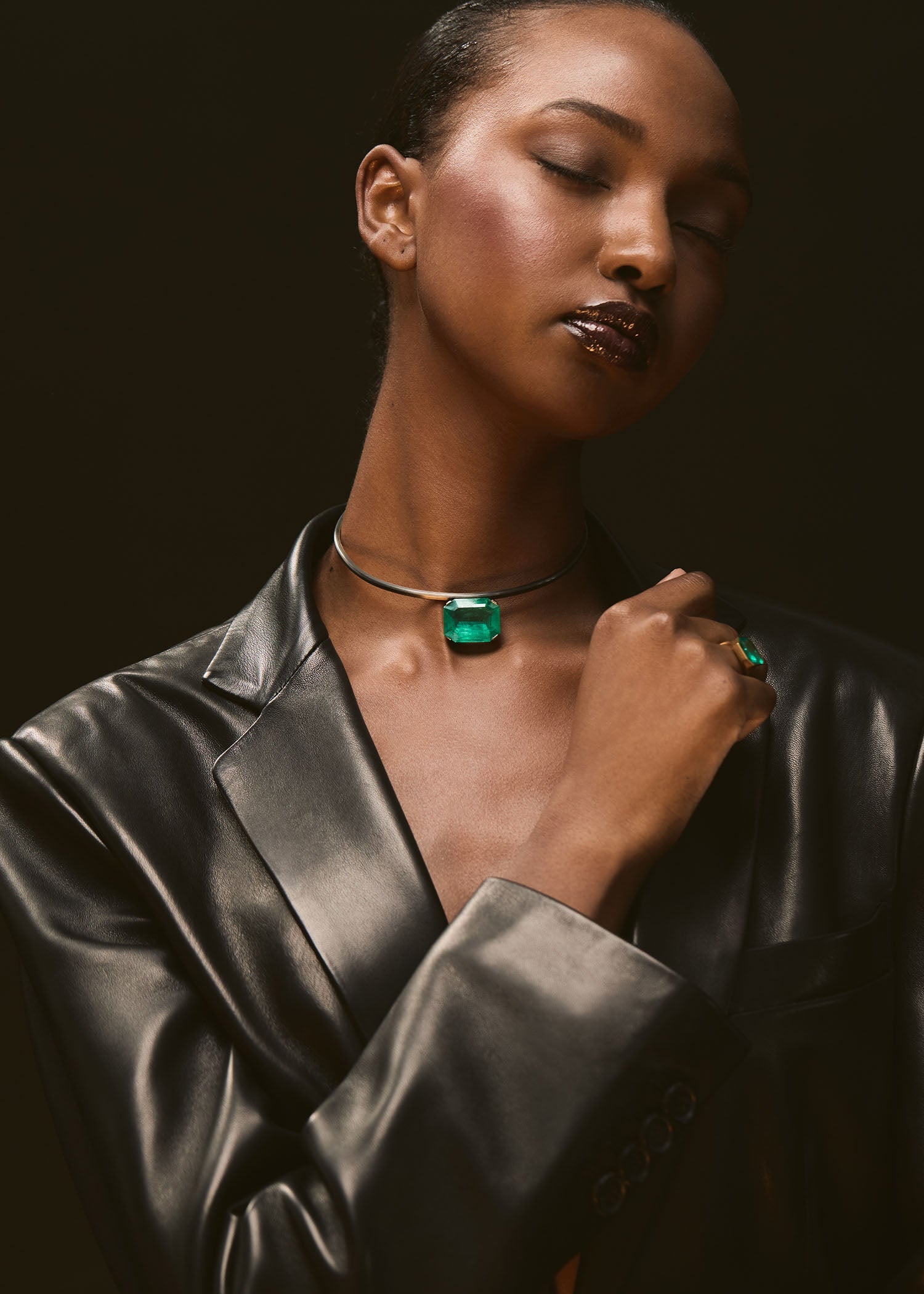 Cleopatra Collar worn by a model showcasing a bold statement necklace design.