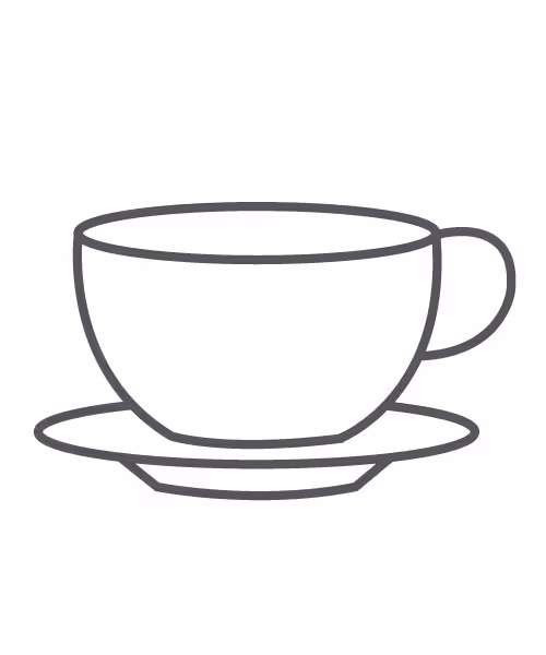 Simple black line drawing of a teacup with a handle on a saucer.