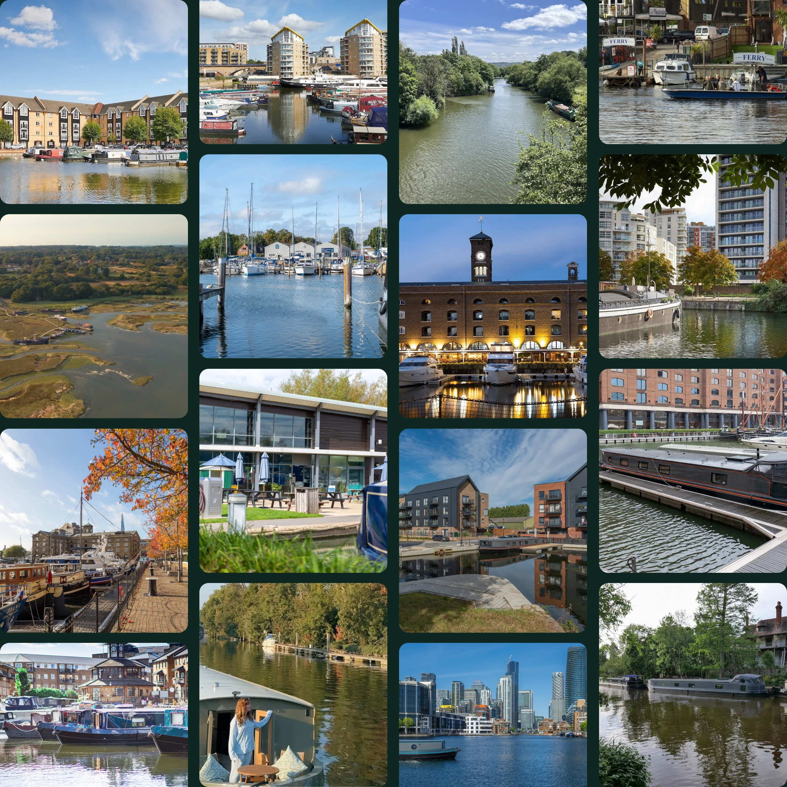 Collage of photos showing various waterfront scenes including marinas, boats, rivers, modern and historic buildings, and natural landscapes under blue skies.