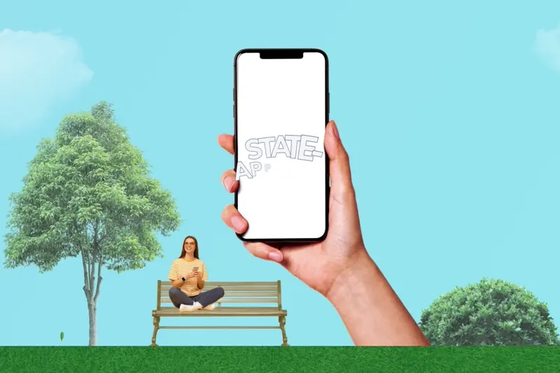 Collage-style animation showing a girl on a park bench with a phone displaying ‘State Approved.’